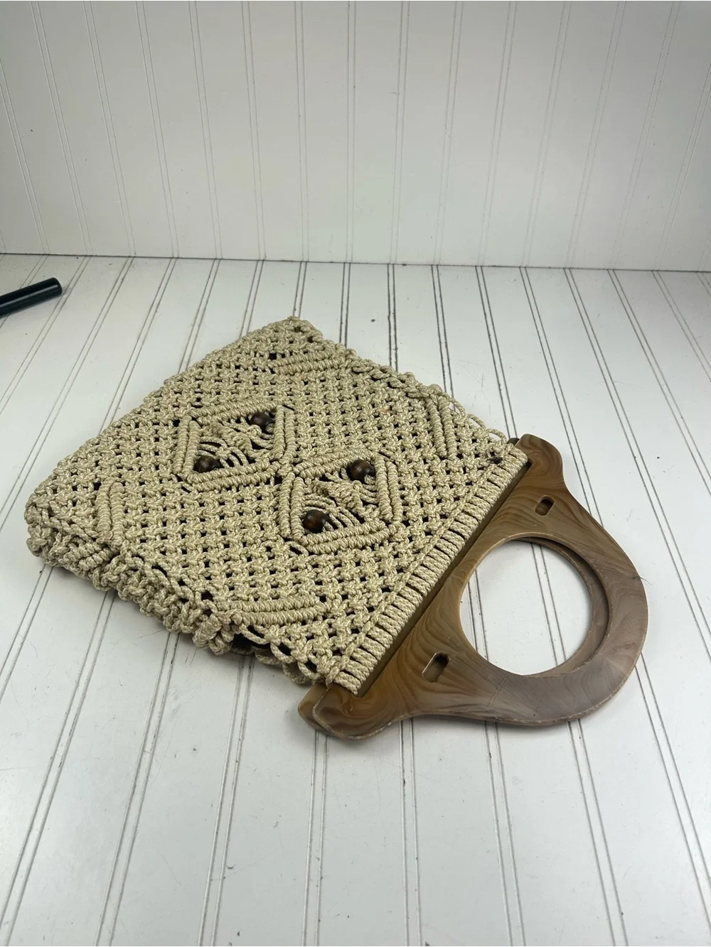 Vintage Y2K Vacation Boho Macrame Beige Woven Pattern Shoulder Bag Purse